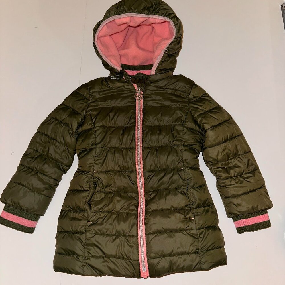 MICHAEL KORS Puffer Stadium Coat Girls 2T Olive remove hood Pockets Fleece Lined